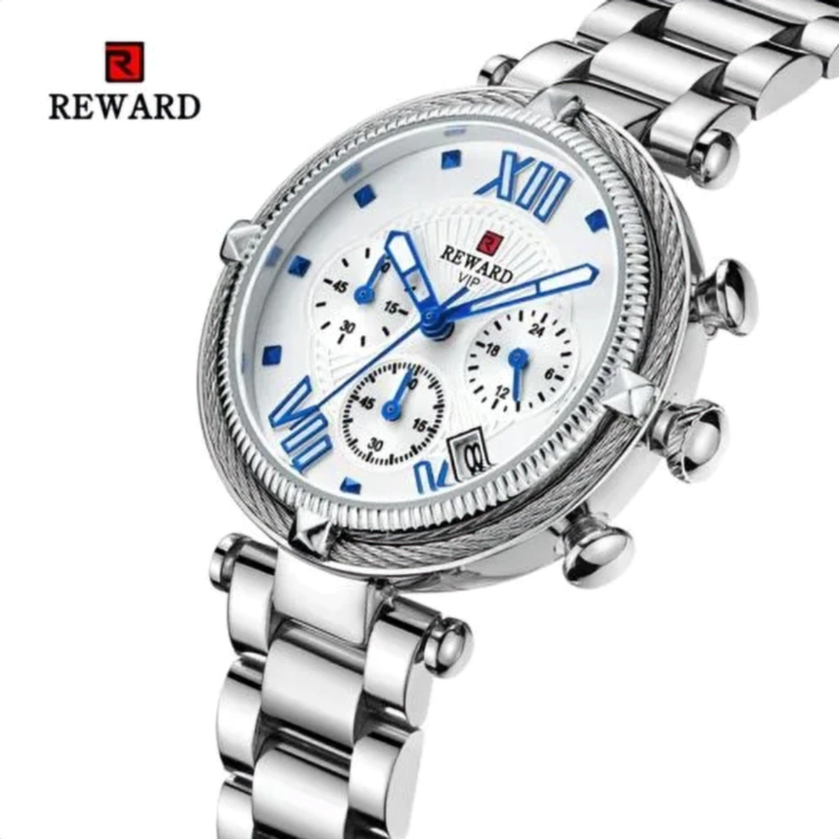 rewak-hd-8428 Montre Femme REWARD RD63084 Chronographe – Argentée, Chiffres Romains Bleus