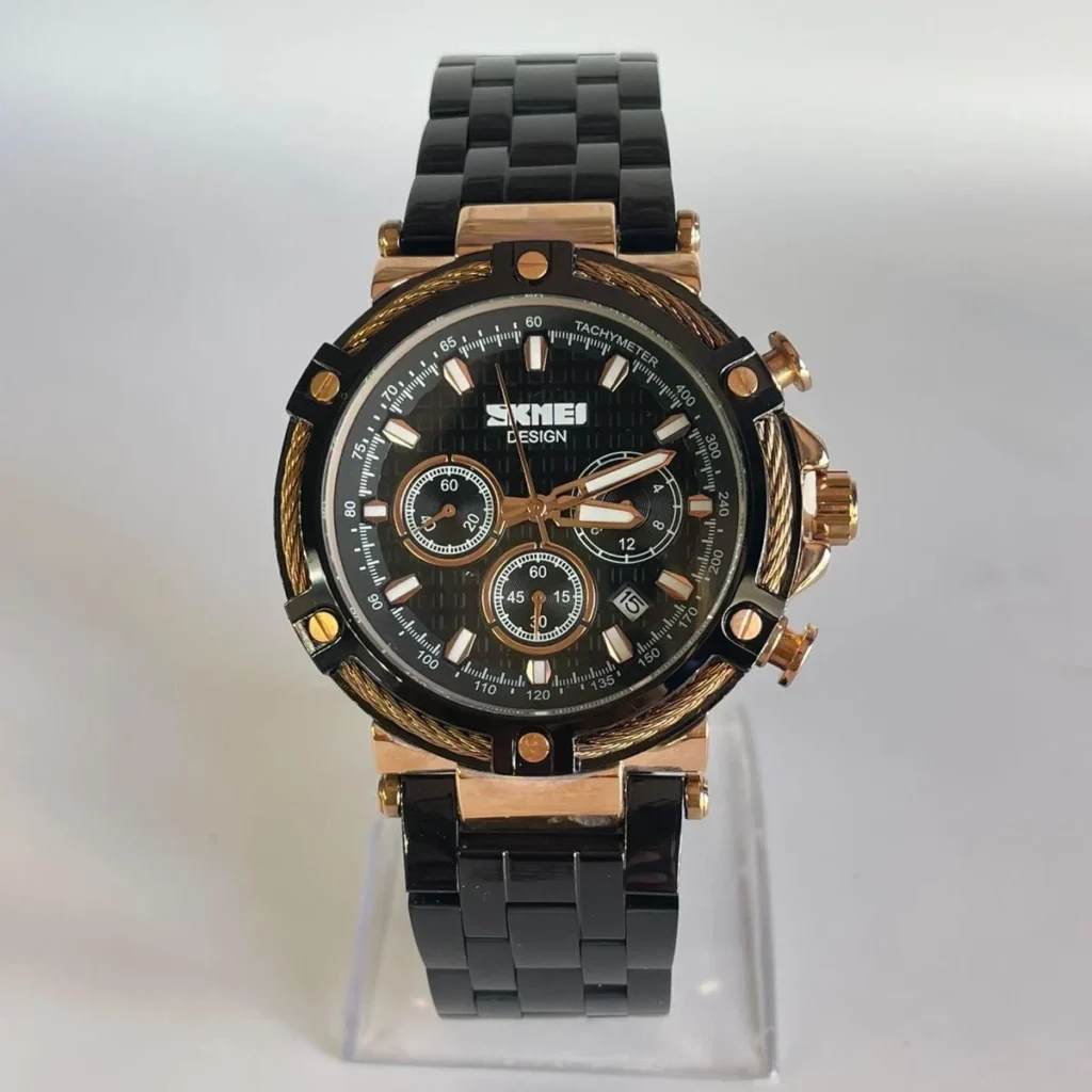 Montre Homme SKMEI Chronographe – Acier Noir, Boîtier Or Rose