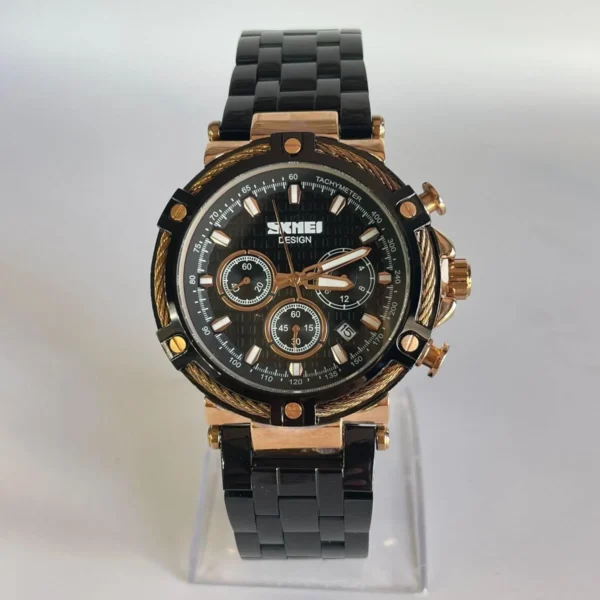 Montre Homme SKMEI Chronographe – Acier Noir, Boîtier Or Rose