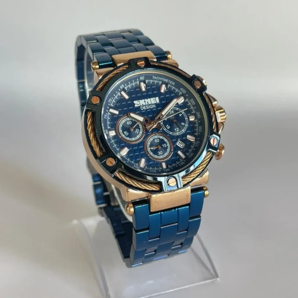 Montre Homme SKMEI Chronographe – Acier Bleu, Boîtier Or Rose