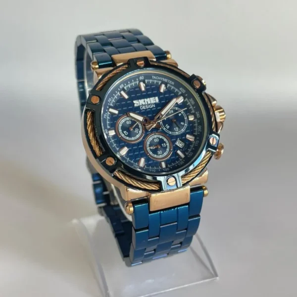 Montre Homme SKMEI Chronographe – Acier Bleu, Boîtier Or Rose