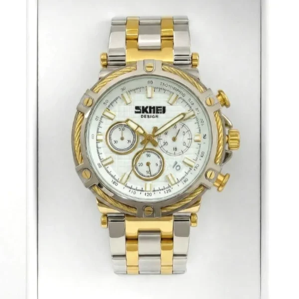 Montre Homme SKMEI Chronographe – Bicolore Or et Argent, Cadran Blanc