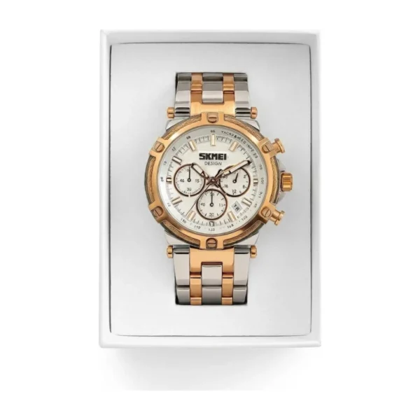 Montre Homme SKMEI Chronographe – Bicolore Or Rose et Argent, Cadran Blanc
