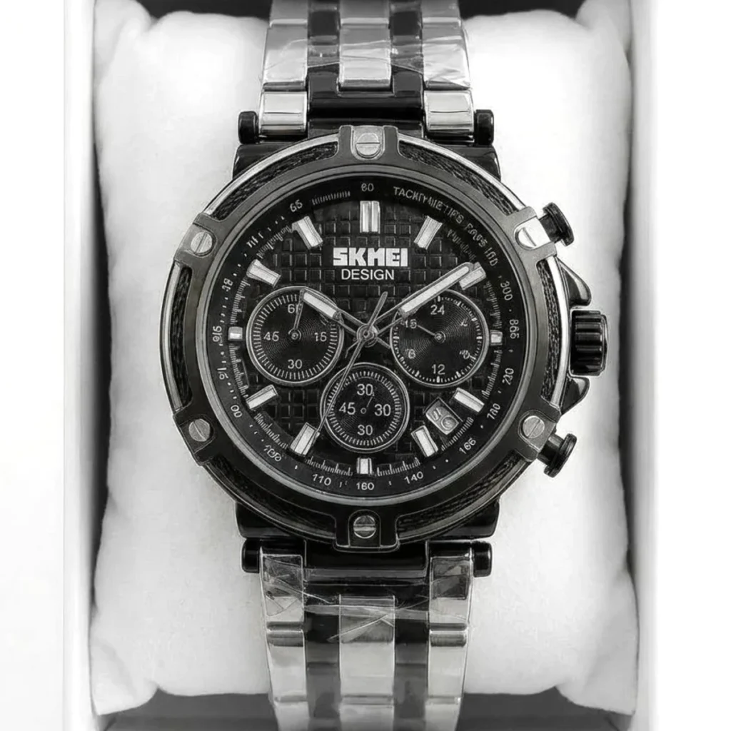 Montre Homme SKMEI Chronographe – Bicolore Argent et Noir, Cadran Noir