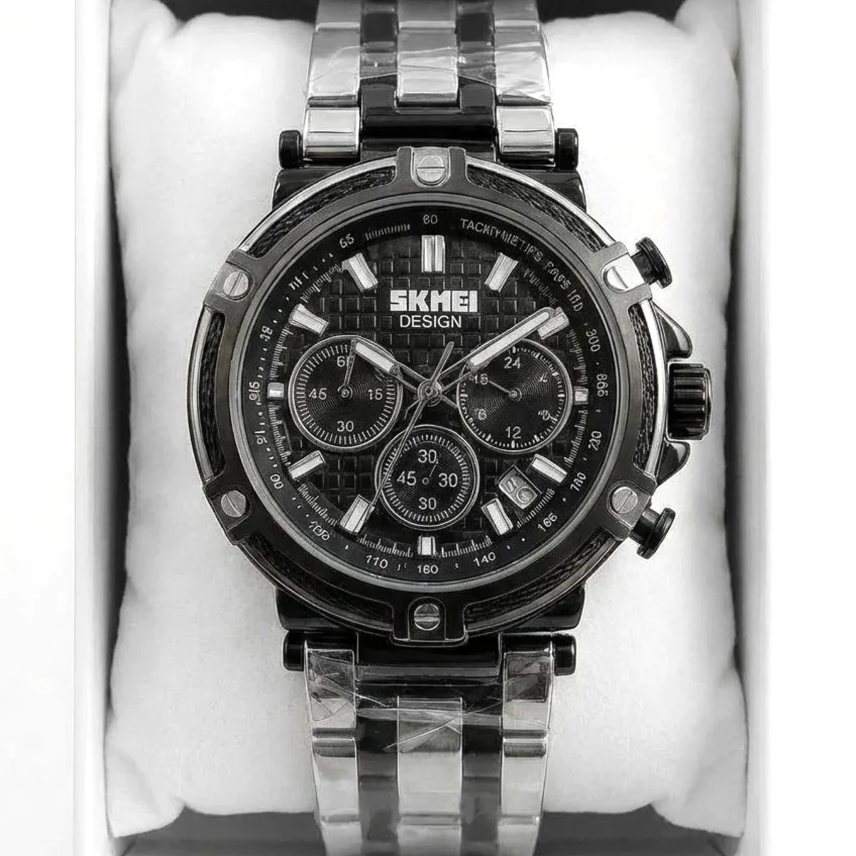 rewak-hd-8452 Montre Homme SKMEI Chronographe – Bicolore Argent et Noir, Cadran Noir