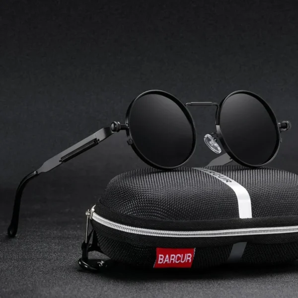 Lunettes de Soleil Polarisées Unisexe BARCUR – Rondes Métal, Tout Noir