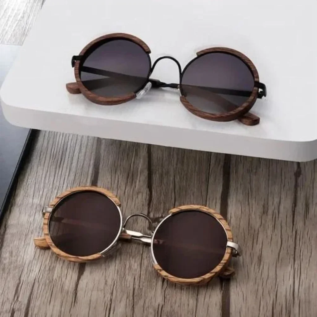 Lunettes de Soleil Polarisées Unisexe BARCUR BC2604 – Rondes Effet Bois, Pont Argenté